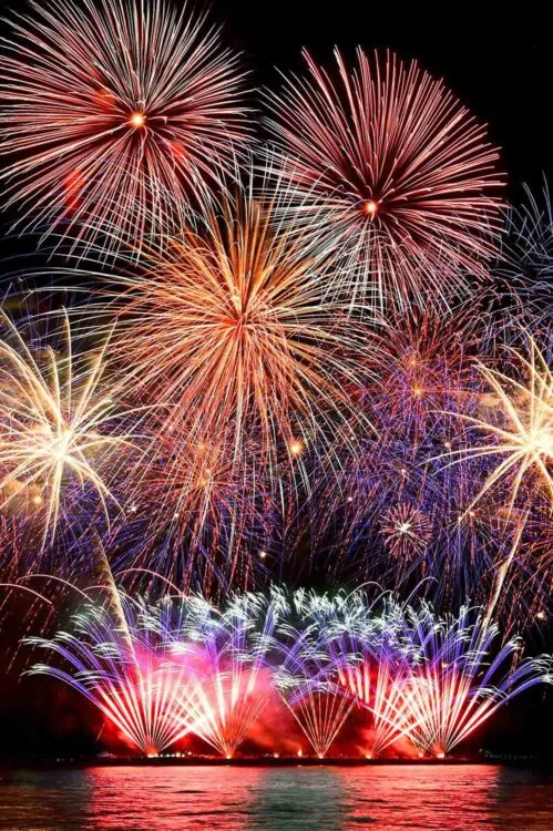 colourful firework display set for celebration happy new year and merry christmas and  fireworks on black background
