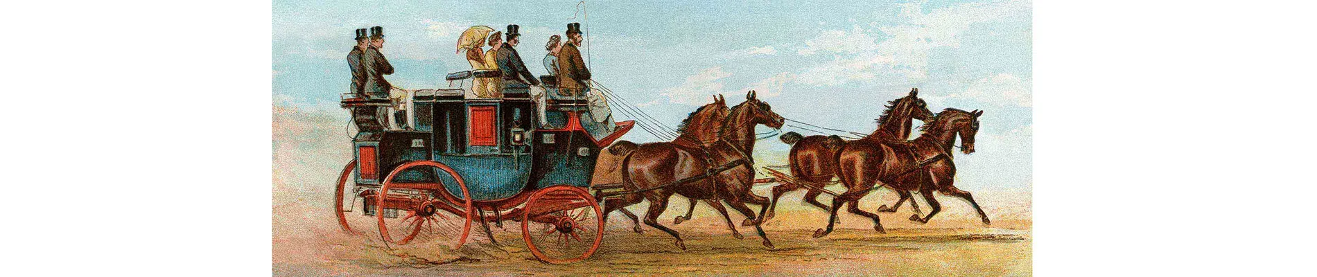 Coach and four horses of Mr Oakeley, London, 1880s. Color lithograph