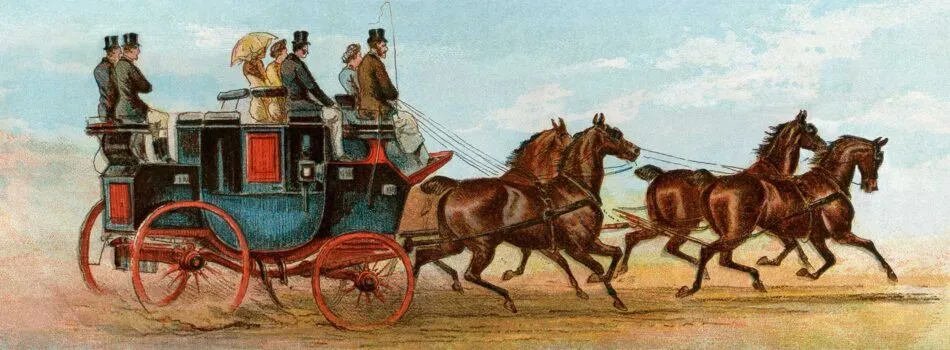 Coach and four horses of Mr Oakeley, London, 1880s. Color lithograph